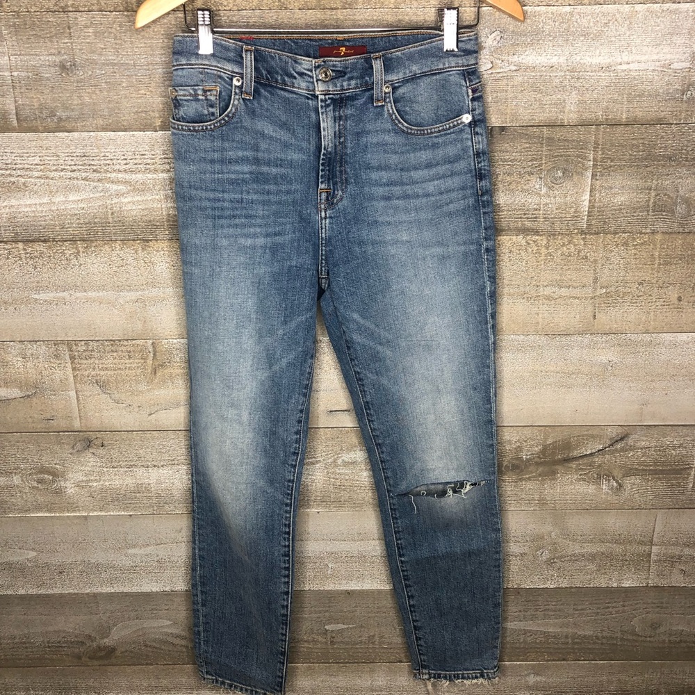 7 for all mankind high waisted raw hem distress light wash jeans